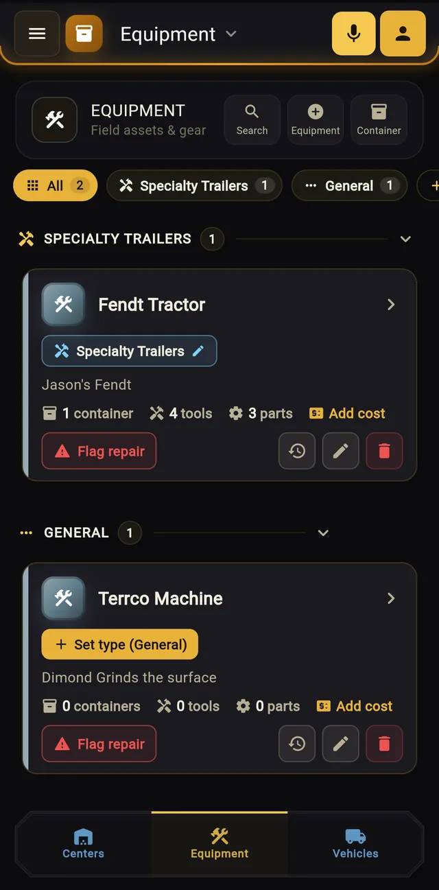 Equipment screen grouping assets by type, each showing its containers, tools, parts, a cost button, and a Flag repair button.