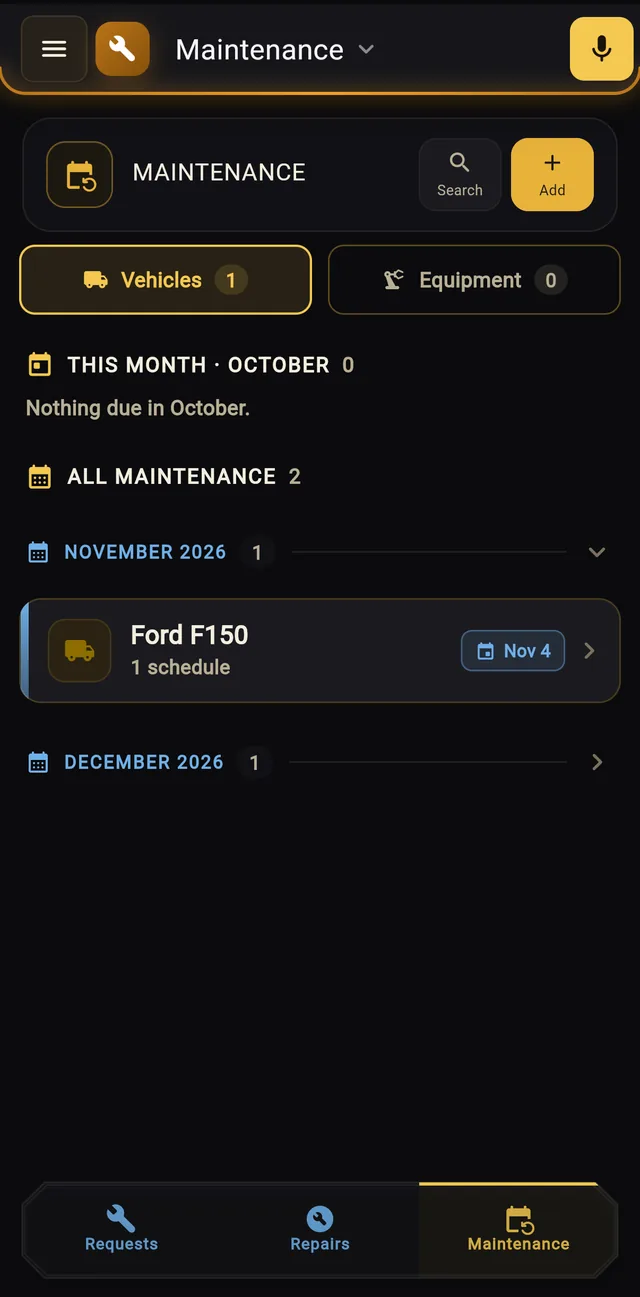 Maintenance board listing upcoming service for a Ford F150 in November and December.