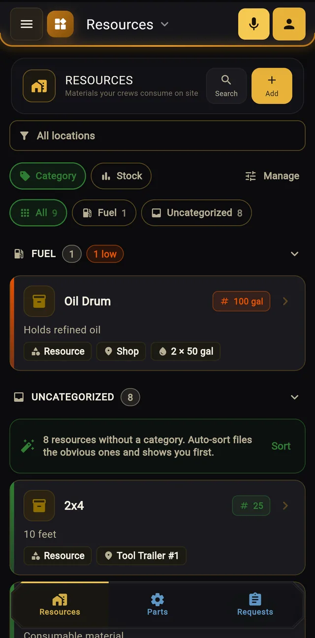 Resources screen showing an oil drum flagged low at 100 gallons and lumber stored on a tool trailer, with categories and stock filters.