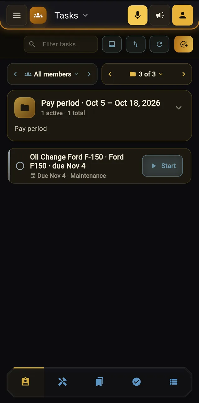 Tasks screen showing a crew member's pay period with a scheduled oil change and a Start button.